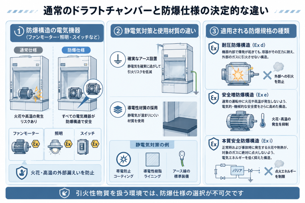  通常のドラフトチャンバーと防爆仕様の決定的な違い