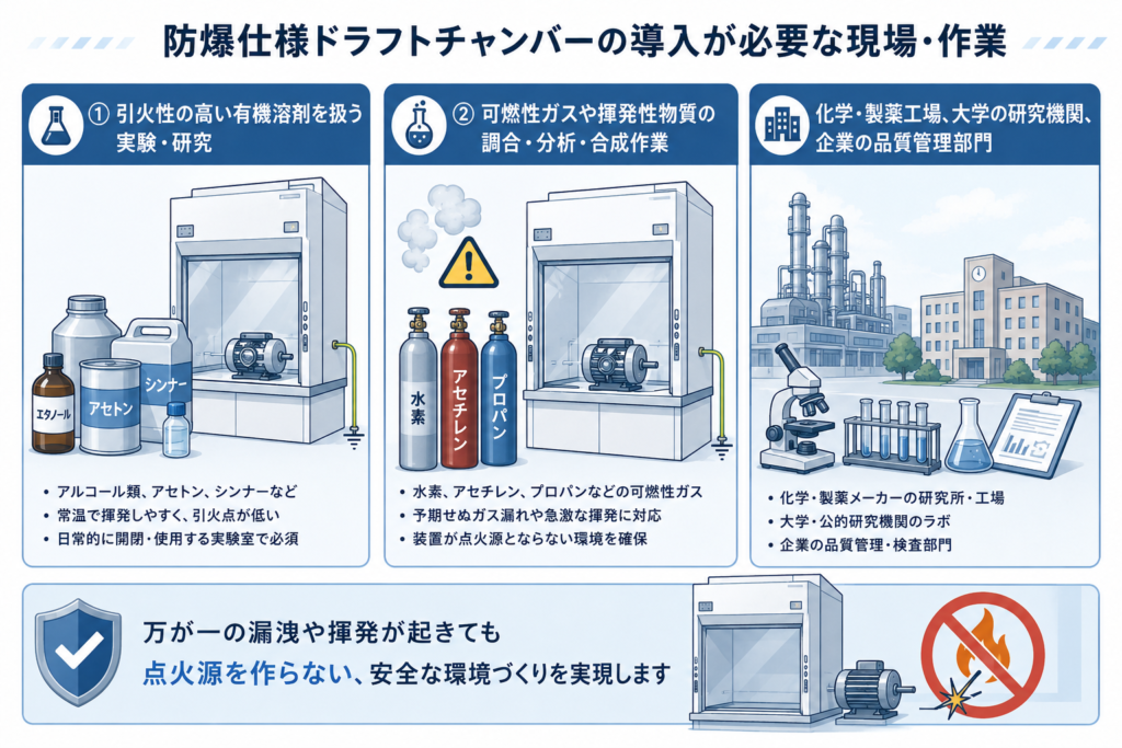  防爆仕様ドラフトチャンバーの導入が必要な現場・作業