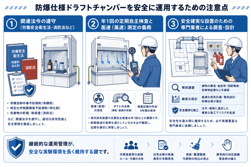  防爆仕様ドラフトチャンバーを安全に運用するための注意点