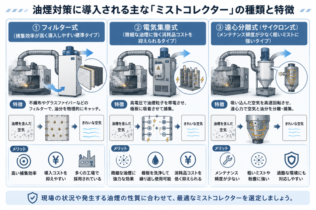 油煙対策に導入される主な「ミストコレクター」の種類と特徴