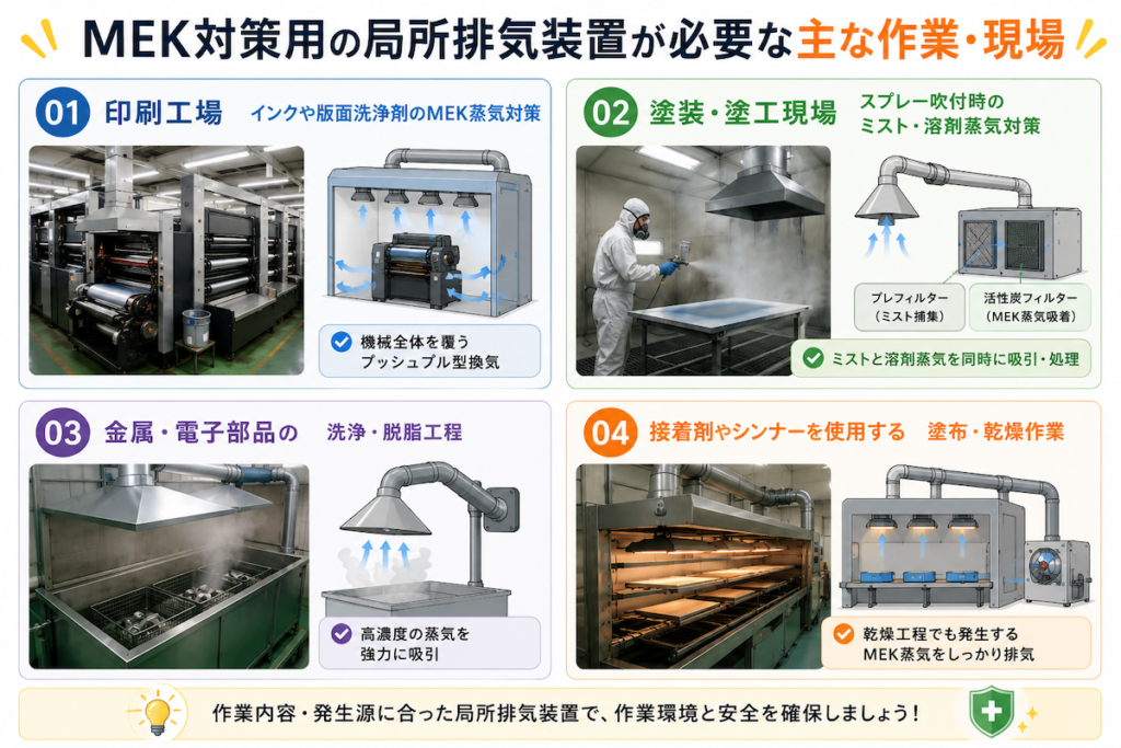 MEK対策用の局所排気装置が必要な主な作業・現場